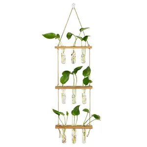 Wall Hanging Propagation Stations 3 Tired Wall Planter Terrarium with Wooden Stand and Glass Test Tubes Plant Hanger Flower Vase for Home Office Wall Decor Cuttings