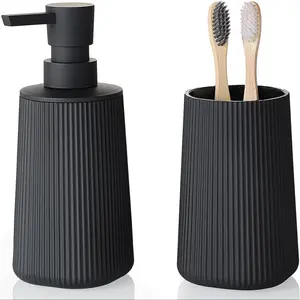 2 Pcs Striped Bathroom Organizing Accessories Set, Includes Soap Dispenser & Toothbrush Holder, Stylish Bath Essentials for Modern Home Decor