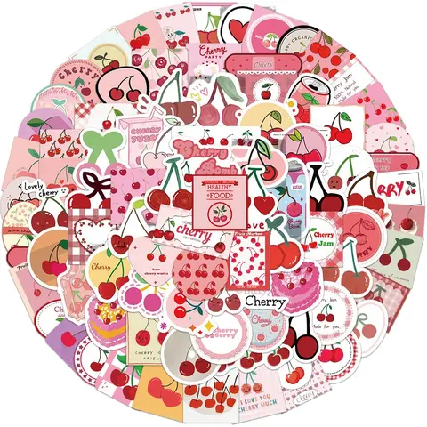 Cherry Pattern Sticker (90pcs/set), Cute Cartoon Cherry Sticker, Decorative Sticker for Phone Case, Computer, Guitar, Bag, Water Cup, Scrapbook, Decal Sticker