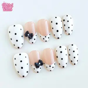 Princess Miss|10 PCS Short Almond Handmade Press On Nails, Black and White Polka Dot Bow Sweet Cool Press On Nails, High Glossy Base, Black Polka Dot Decoration, Black Bow Detail, Street Style Press On Nail Set, Nail Art