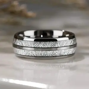 Fashion Silver Color Stainless Steel Rings For Men Women Double Groove Meteorite Inlay Titanium Rings Wedding Band Jewelry Gifts