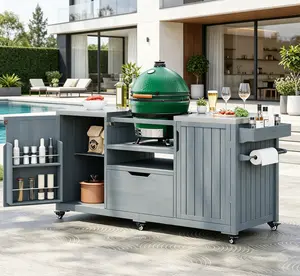 K&K 66.5" Outdoor Kitchen Island for Big Green Egg Grills Solid Fir Wood Grill Cart with Stainless Steel Top & Drawer Compatible with Kamado Joe & Large Grills