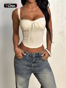 WOWDARK Women Autumn Tie-Up Lace Trim Fitted Camisole Top