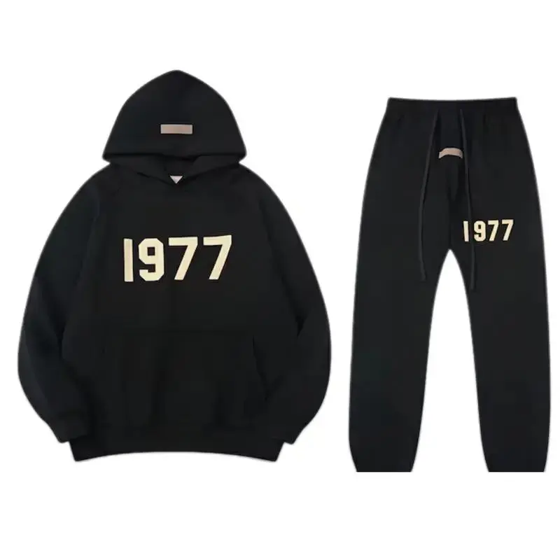 Unisex Black 1977 Print Hoodie Sweatpants Set, Street Tracksuit, Streetwear Pants Suit, Outdoor Wear Daily Wear, Winter Apparel, Gift For Him Her
