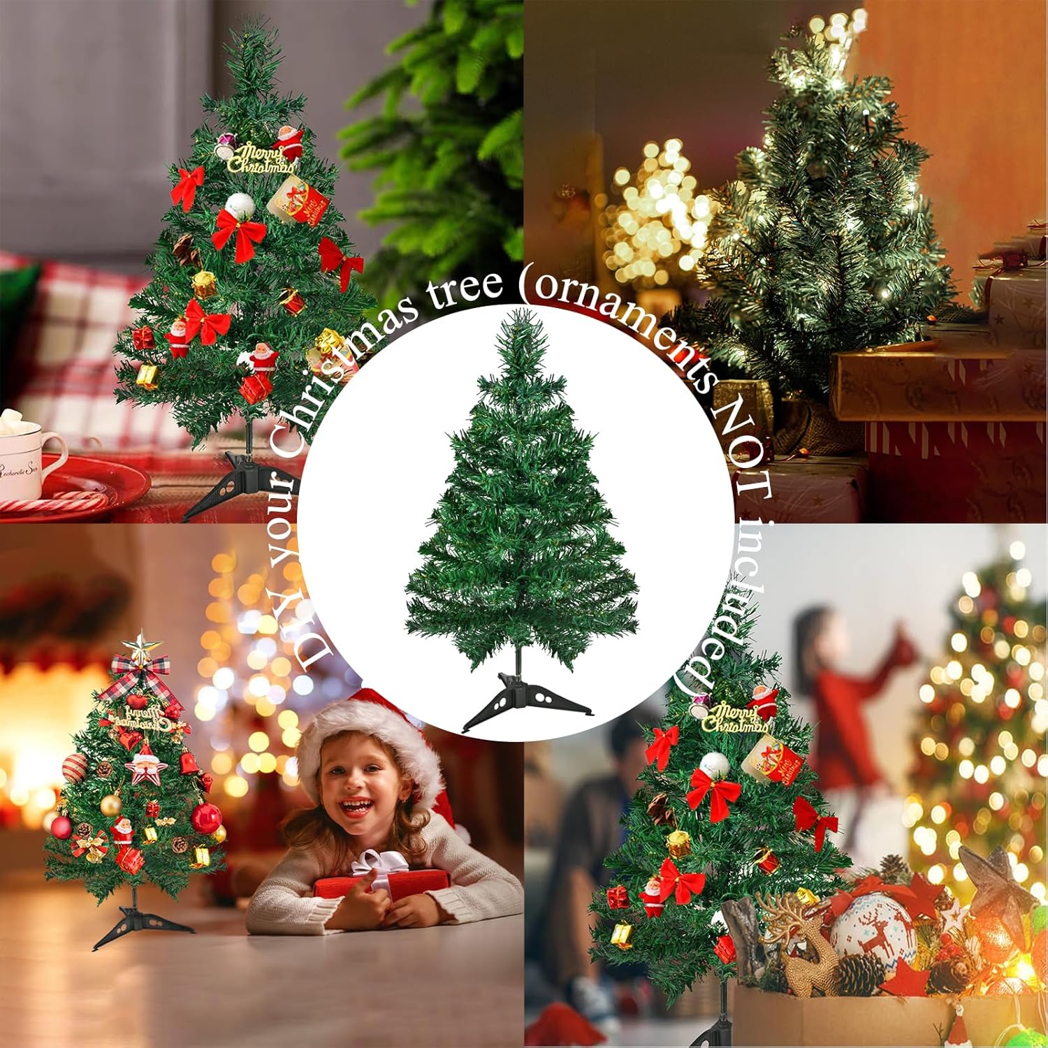 Okicoler 3ft Spruce Artificial Christmas Tree with Warm White & Colorful Lights Foldable Base Easy Assembly for Home Office Party Decoration