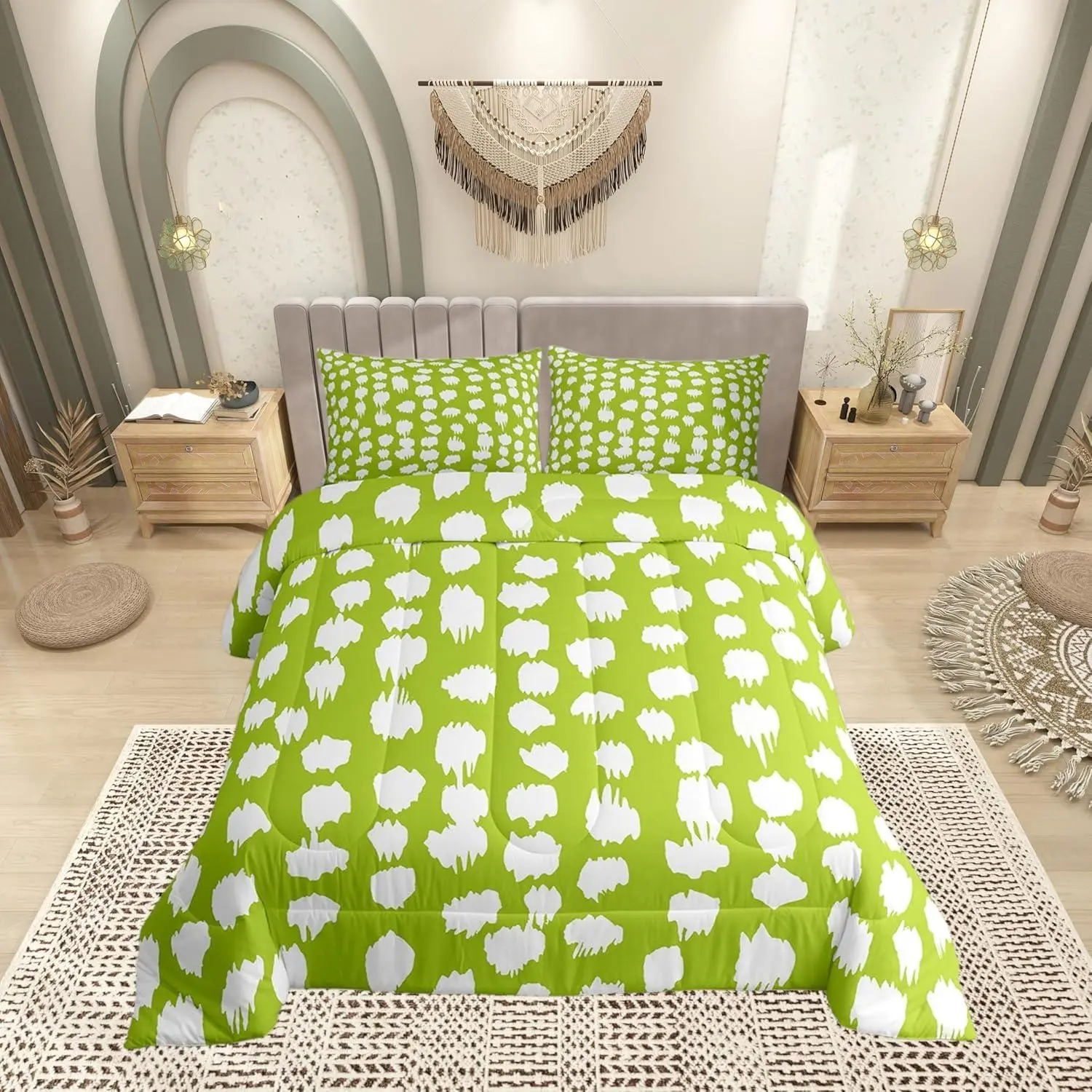 Feelyou Multi-Size Lime Green Digital Print Bedding Set - Breathable Boho Geometric Comforter, Modern Brush Stroke Quilt Duvet for Kids, Machine Washable Boho/Modern Bedroom Decor, Boho Bedroom