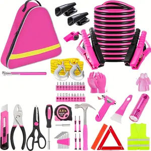 Pink Portable Emergency Survival Kit Supplies, Travel Friendly Cars Accessories Roadside Assistance Set with Jumper Cables, Auto Repair Tools, Deer Whistles for Winter Car Safety