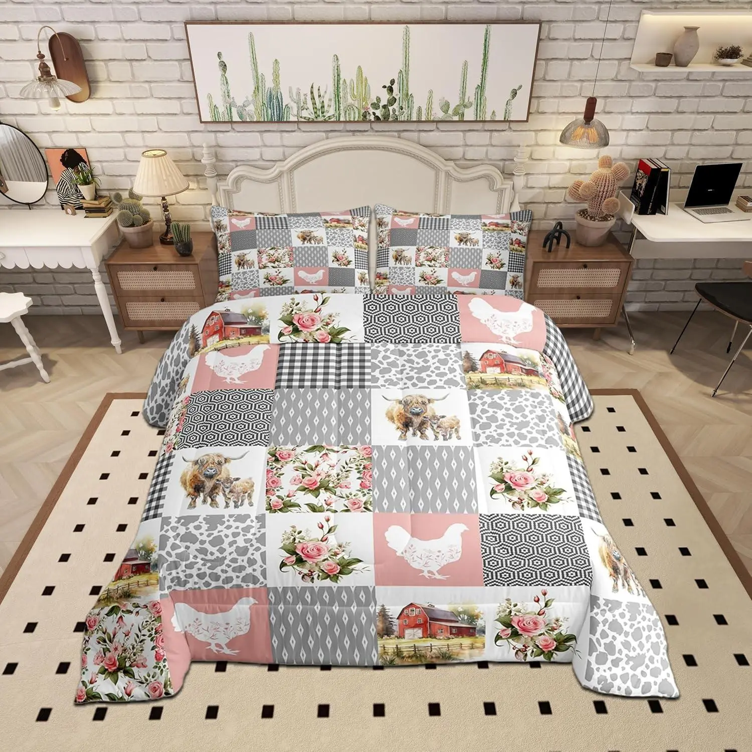 Feelyou Quilted Grid Farmhouse Barn Comforter Set - Multi-Size Breathable Microfiber Comforter Including Queen Size, Chicken & Highland Cow Prints, Rustic Pink Patchwork Bedding for Kids, Comforter Queen Size