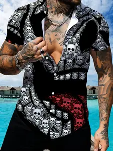 Skull Pattern Printed Short Sleeve Shirt for Men, Casual Trendy Lapel Fashion Top