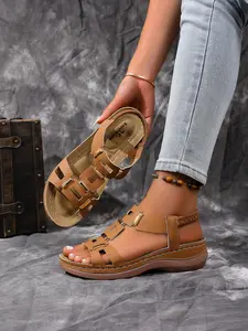 New summer sandals, Trendy sandals, Roman-style platform sandals, slip-on sandals with elastic bands, women's shoes decorated with buckles, soft thick soles, non-rubbing, heightening and slimming, stable to walk in, Hollow design for breathabili