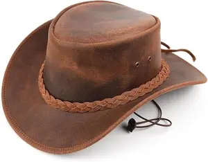 Equine Care Genuine Cowhide Western Outback Hat for Men & Women - Leather Cowboy Hat with Shapeable Brim & Chin Strap, Rustic Brown