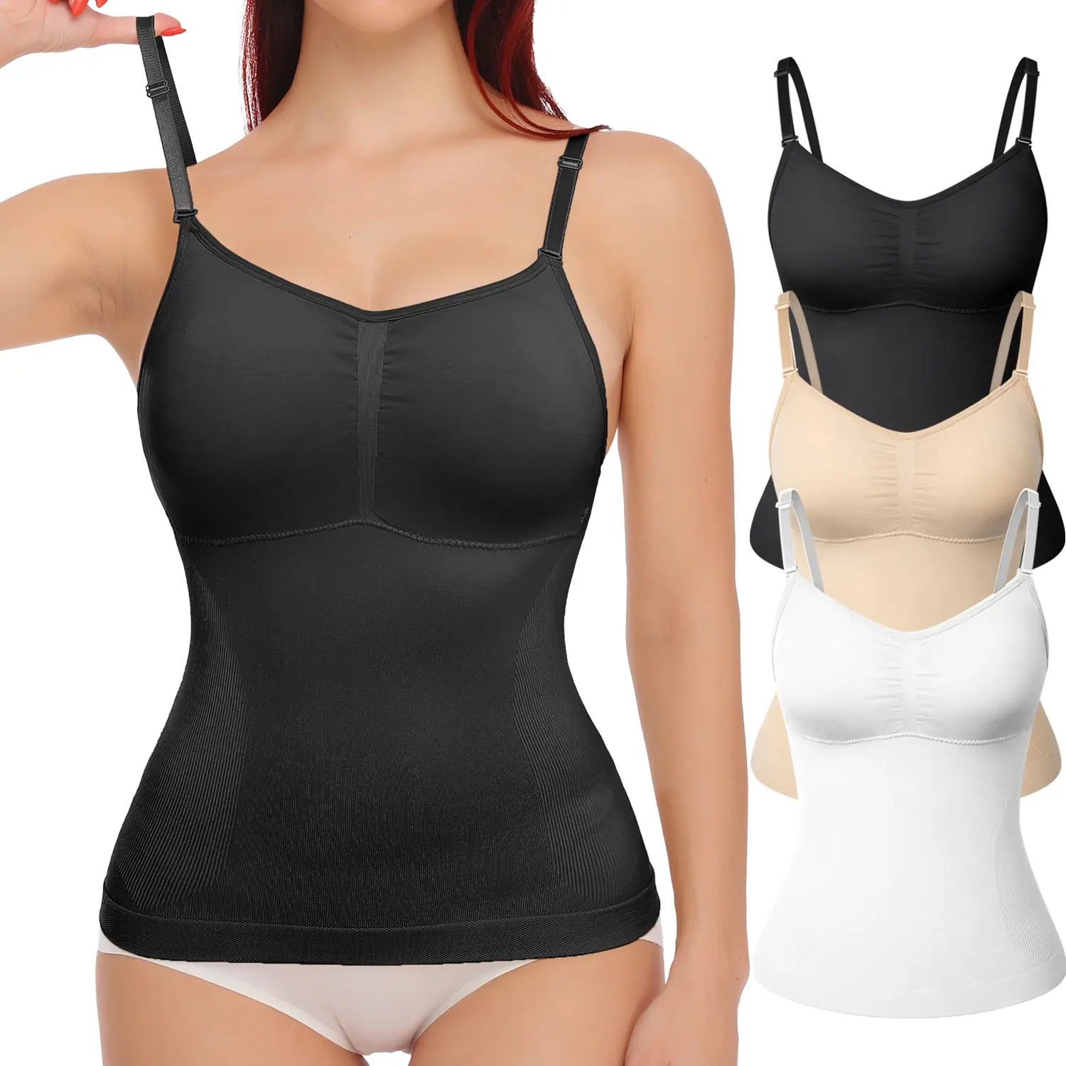Women's Lightweight Spandex-Nylon Compression Shapewear Tank Top - Lady's Tummy Control Ruched Cami with Built-in Padded Bra, V-Neck Spaghetti Strap Foldable 3XL Underwear Piece