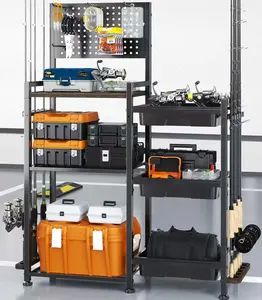 SOYEEZE Fishing Rod Holders for Garage, 3 Storage Boxes for Reels & Fishing Accessories, 10 Rod Capacity Fishing Pole Holder with Pegboard, and 3-Tier Shelf for Tackle Box, Fishing Gear Organizer