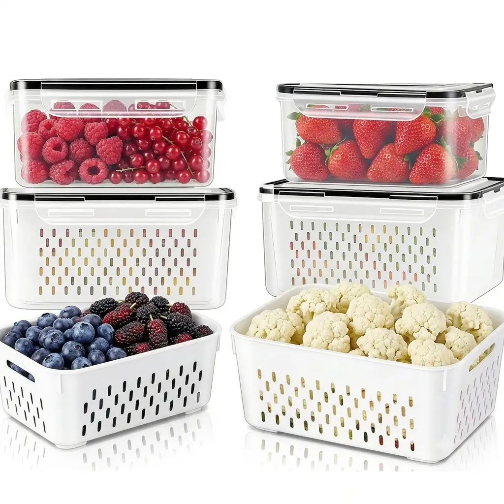 4Pack Fridge Organizers and Storage – Stackable Fruit Containers with Removable Colander, BPA-Free Airtight Food Storage Containers for Salad Berry Vegetable Meat – Leakproof Fridge Organization