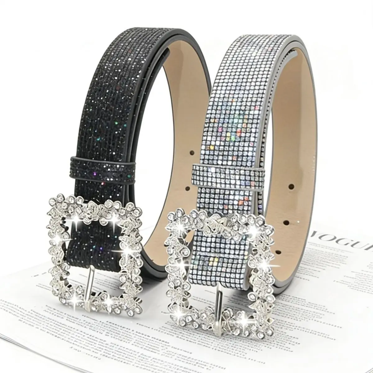 Set of 2 women’s shiny rhinestone PU belts with metal buckle—elegant casual chic accessories suitable for parties, sports, and casual outfits