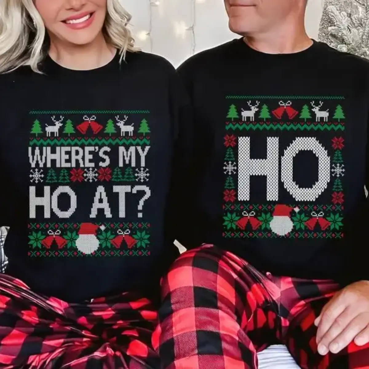 Funny Couples Christmas Sweatshirt - Funny Matching Couple Crewnecks With Ho Text , Santa Hat , Reindeer , Bells , Snowflakes , Christmas Trees And Ugly Sweater Knit Pattern , Holiday Party Outfit For Couples , Humorous Christmas Gift