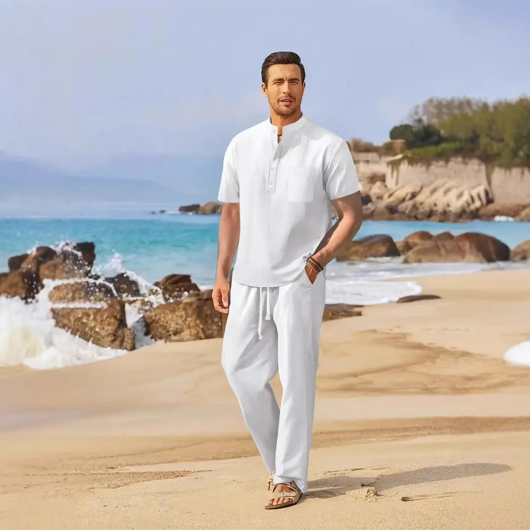 Men's Casual 2-Piece Set, Plain Shortsleeve Stand Collar Half-Button Top with Pocket and Matching Stretch Polyester Drawstring Shorts, Clothes