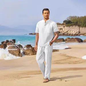 Menswear 2-Piece Casual Clothing Set, Stretch Polyester Fabric Half-Button Sleeved Top with Pocket Detail, Matching Buttoned Pants