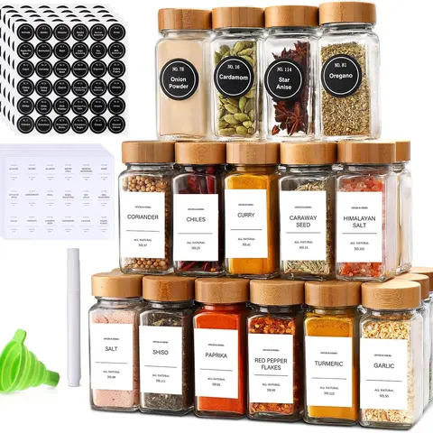 MHDCLY 36Pcs 4oz Airtight Transparent Glass Spice Jars Set - Bamboo Lids, Labels, Funnel, Square & Round Canister Jars, Food Storage Containers, Seasoning Storage Bottles for Kitchen Organization