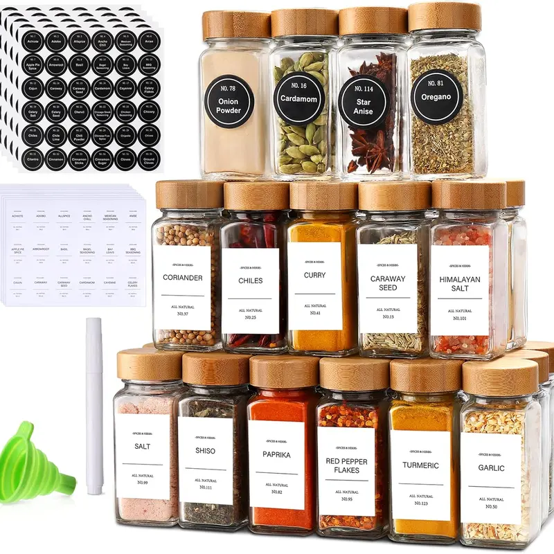MHDCLY 36Pcs 4oz Airtight Transparent Glass Spice Jars Set - Bamboo Lids, Labels, Funnel, Square & Round Canister Jars, Food Storage Containers, Seasoning Storage Bottles for Kitchen Organization