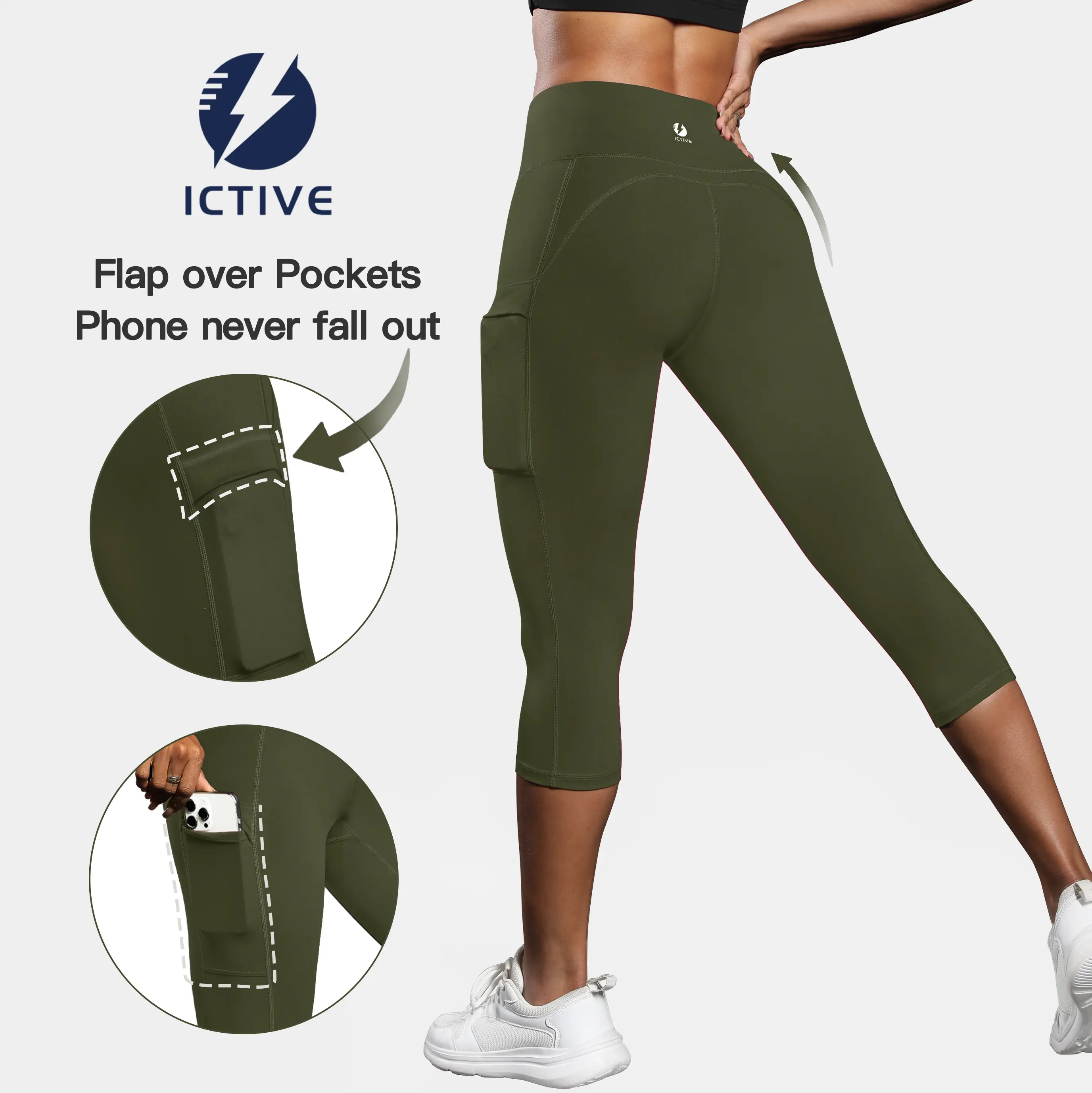 ICTIVE Women's High Waisted French Terry Leggings, Skinny Fit Workout Pants with Pockets for Gym Training & Pilates, Gym Workout Leggings, Gymwear Activewear, Womens Fitness, Plain