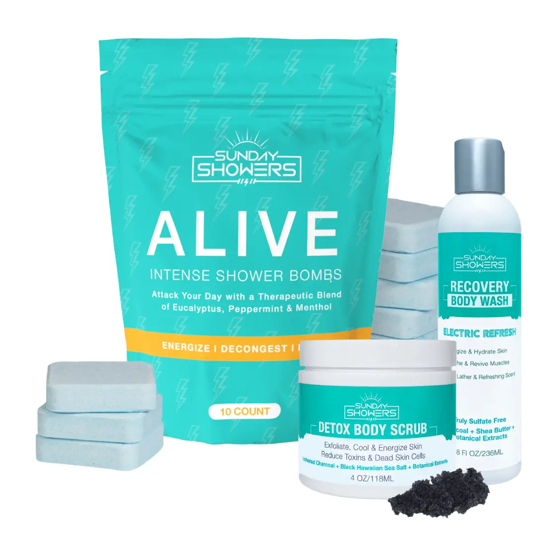 Sunday Showers Total Morning Trio Alive Intense Shower Bombs, Detox Body Scrub, Recovery Body Wash Body Care Kit