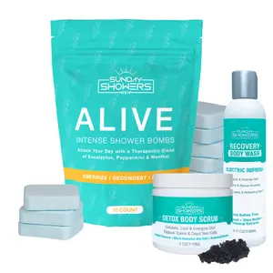 Sunday Showers Total Morning Trio Alive Intense Shower Bombs, Detox Body Scrub, Recovery Body Wash Body Care Kit