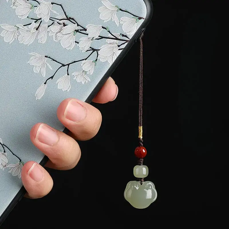 Auspicious Hetian Ruyi Lock Keychain, Crafted with Natural Hetian Jade, Nanjiang Red Agate Bead Accessory for Casual Daily Use