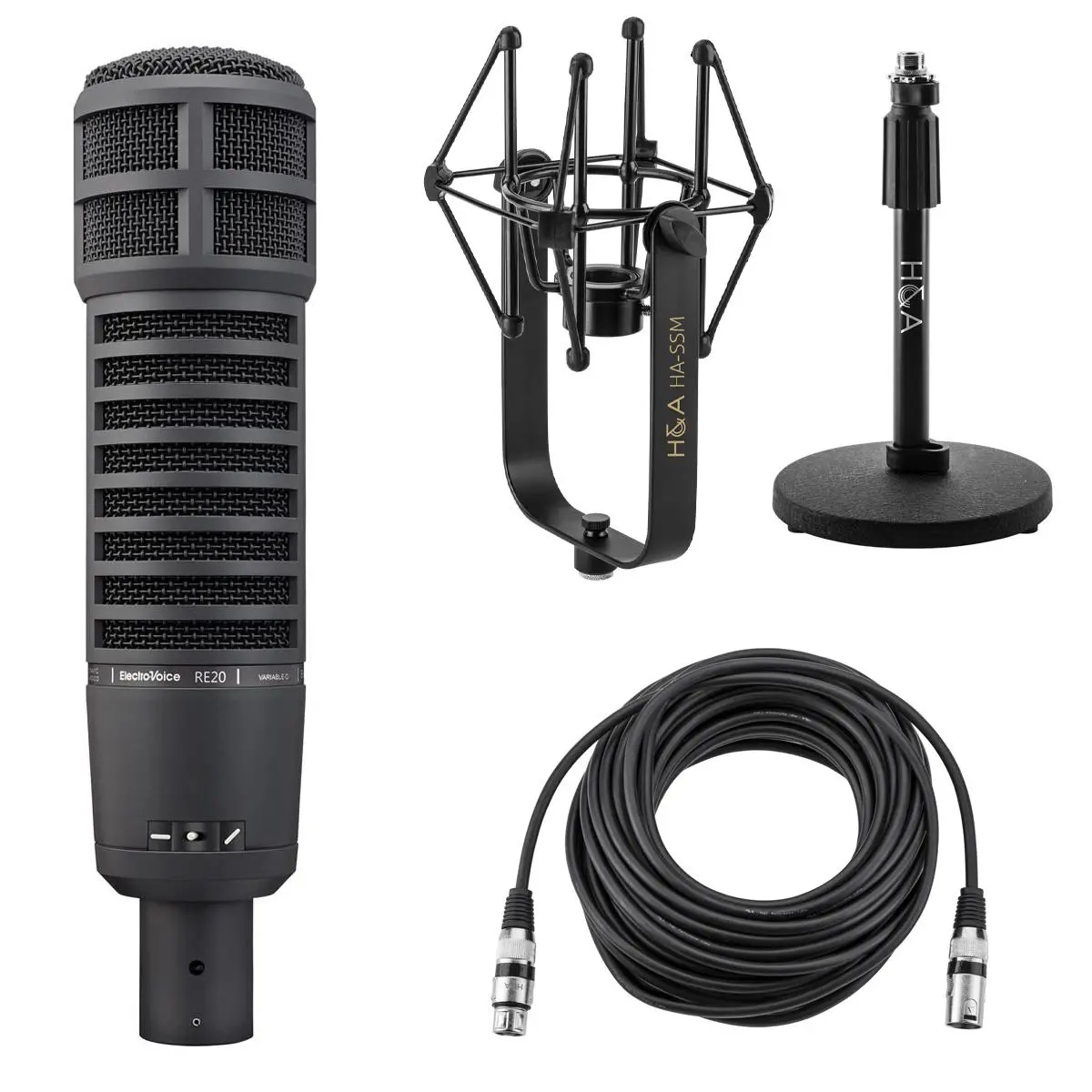 Electro-Voice RE20 Variable-D Dynamic Cardioid Microphone, Black, Bundle with Microphone Suspension Shock Mount, Microphone Stand and 50' XLR M to F Microphone Cable