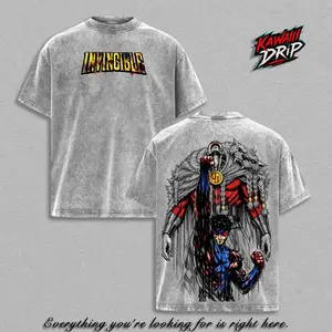 Invincible Thragg vs Mark Grayson Graphic Tee, Vintage Washed Oversized Heavyweight T-Shirt, Dark Superhero Comic Streetwear Top Shirt, Blood Fight Large Back Print Tee, Heavy Cotton Unisex, Gym Pump Cover Gamer Outfit, Gift For Invincible Fans