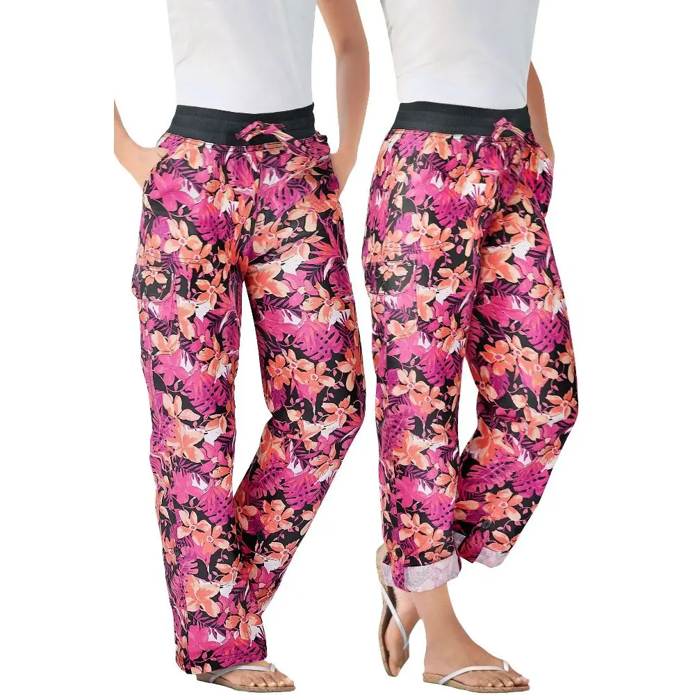 Woman Within Women's Convertible Length Cargo Pant-Capri - WCoral Hibiscus, Drawstring, Lightweight Fit, Elastic Fabric, Capri Pants Women