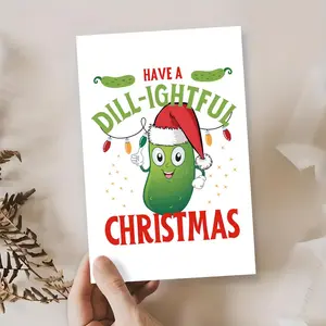 Punny DILL-ICHTFUL Christmas Pickle Card - "HAVE A DILL-ightful CHRISTMAS" Quote | Cucumber Santa Art, Starry Background, Suitable for Food Humor Fans, Lighthearted Xmas