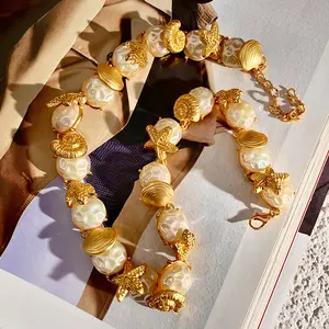 1PC Boho Coastal Beach Beaded Choker Necklace for Women, Alloy with Iridescent Pearl Beads & Sea Charms (Starfish/Shell/Turtle), Trendy Summer Vacation Jewelry for Beach Days & Party, Birthday Gift for Her