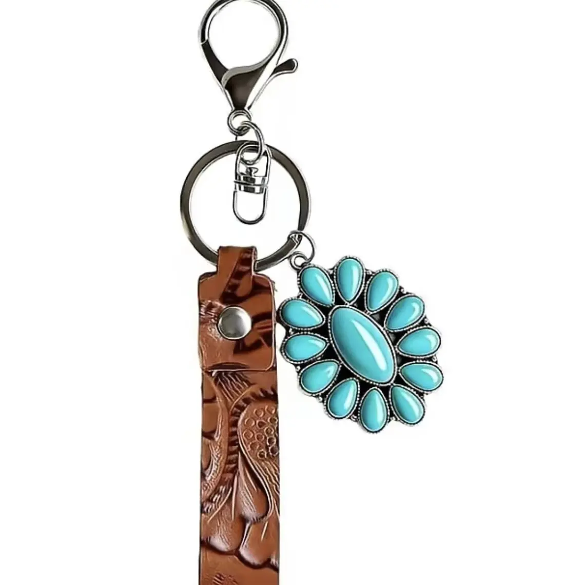 Western Leather Bag Charm with Turquoise Concho, Boho Floral Tooled Strap Keychain for Cowgirls, Southwest Vintage Pendant, Navajo, Bohemian, Keychain For Car Keys, Bag Charms For Purse