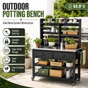 Potting Bench Outdoor Workstation with Stainless Steel Tabletop 47.5 Inch Garden Workbench with Storage Shelves and Wheels for Patio BBQ Prep Backyard Planting Heavy Duty Wood Table