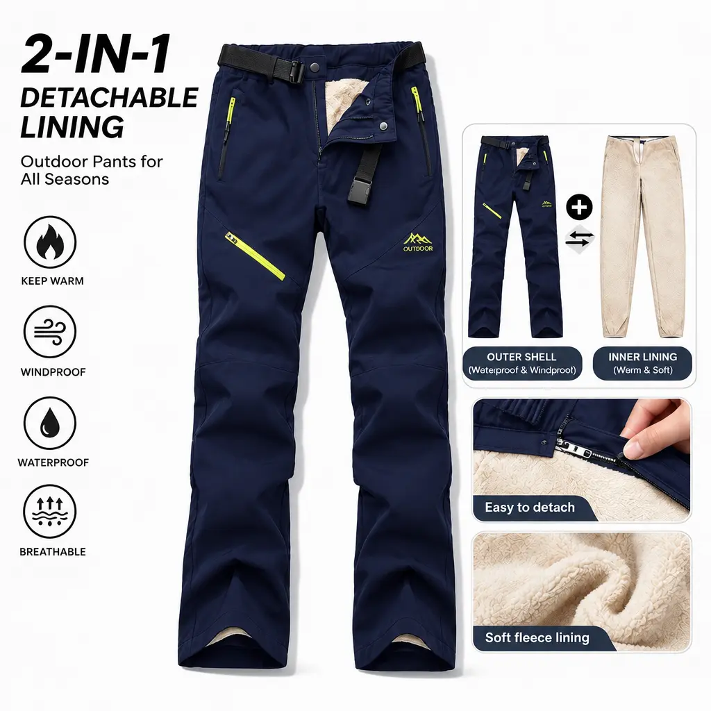 Men’s outdoor shell pants with removable inner lining—casual sports pants featuring an outer shell layer plus a warm fleece inner layer made of thick down-like fabric that locks in heat for mountaineering, hiking, travel, and winter protection.