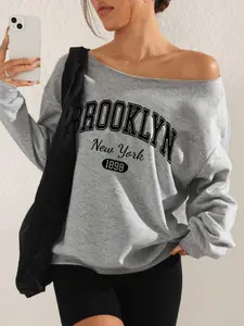 Women's Letter Print Asymmetrical Neck Oversized Pullover, Casual Drop Shoulder Long Sleeve Sweatshirt for Spring & Fall, Ladies Clothes for Daily Wear