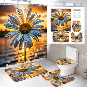 4pcs Blue Daisy Floral Bathroom Decor Set with Sunset Shower Curtain, Matching Bath Rugs, and Toilet Seat Cover - The floor mat fabric is thicker and softer! Cozy and Inviting Home Aesthetic for a Serene Retreat Experience