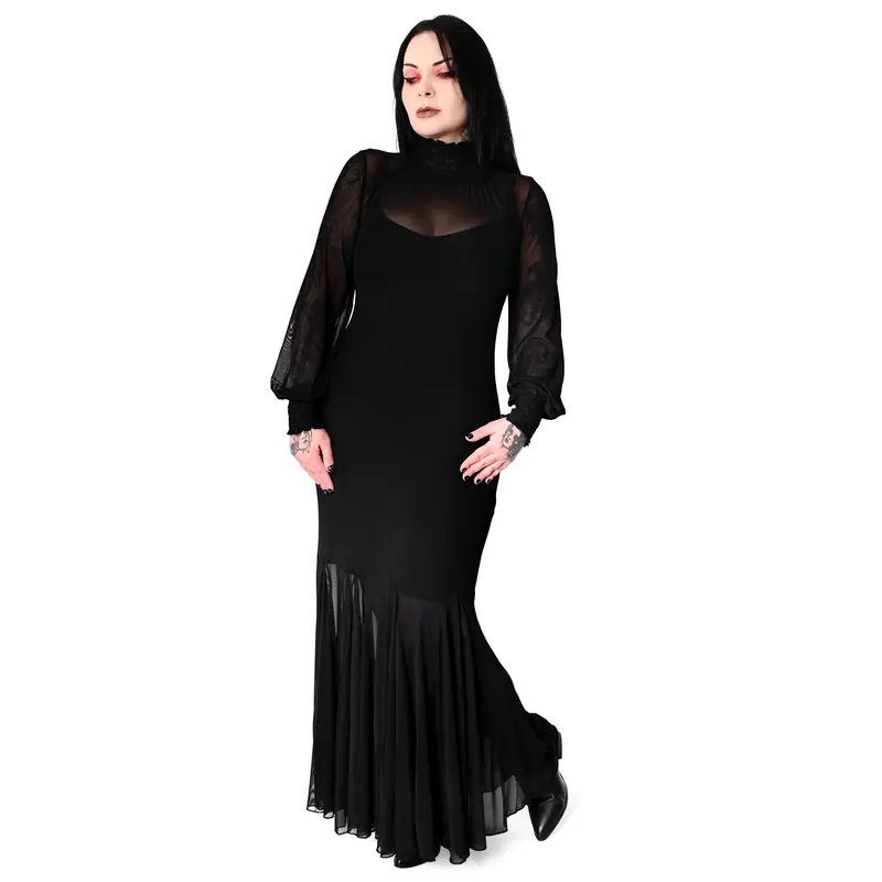 Foxblood Shop Women's Soft Polyester Smocked Ghost Comedy Skit Inspired Mesh See-Through Boho Dress - Long Sleeve, Flared Skirt, 2XL Style Casual Dress