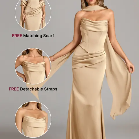 AZAZIE Sorrel Satin Wedding Guest Gown for Women, 2-Piece Luminous Satin Mermaid Dress with Cowl Neck, Lace-up Corset Top & Chiffon Scarf, Gowns sohochic