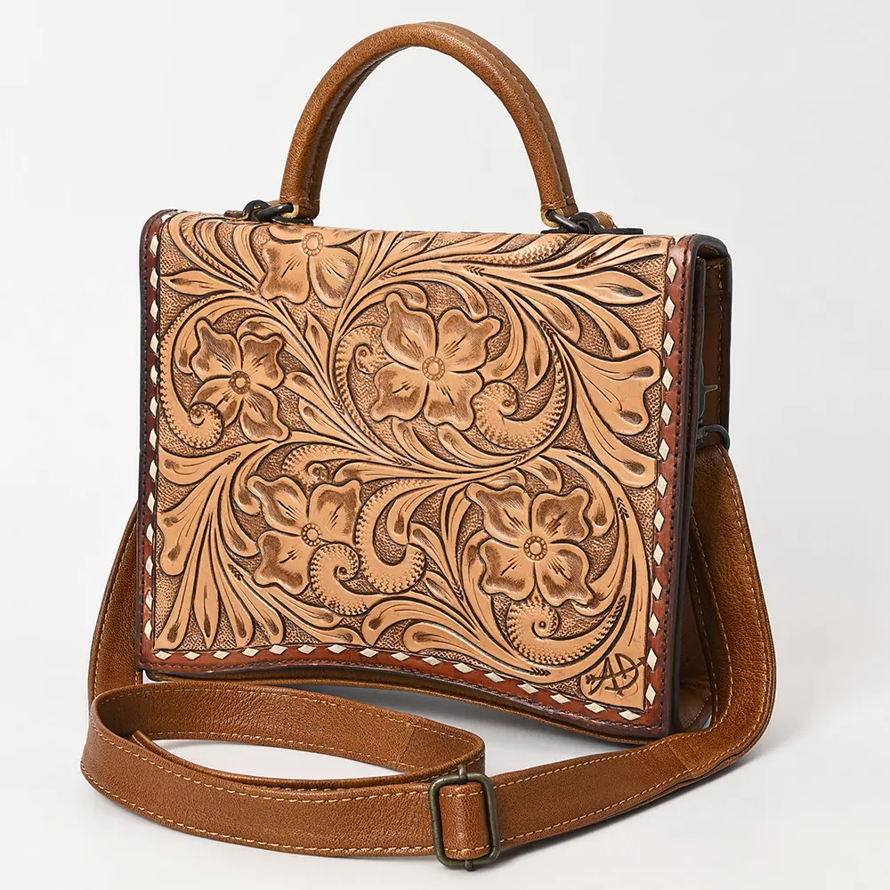 American Darling Hand-Tooled Leather Messenger Bag – Floral Carved Vegetable-Tanned Genuine Leather Western Crossbody Purse