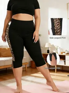 Women's Plus Size Seven-Point Tight-Fitting Pants, Side Leopard Print Patchwork, Split Thigh Design, Summer Casual Fashion, Legging