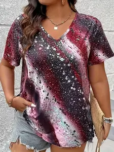 【Plus Size】 Galaxy Print V Neck Short Sleeve T-Shirt, Aesthetic Loose Casual Top with Starry Sequins, Womenswear Clothes, Everyday Summer Fashion for All Seasons