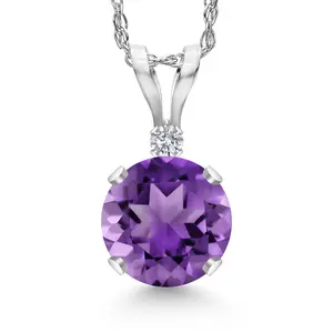 Gem Stone King 14K White Gold Purple Amethyst and Lab Grown Diamond Pendant Necklace for Women | 1.02 Cttw | Gemstone February Birthstone | Round 6MM | With 18 Inch Chain