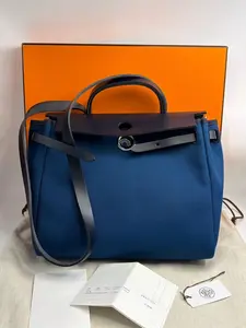 Pre-owned HERMÈS Blue Herbag 31, Stamp Y (2020), Full Set, 98% New Condition, Includes Accessories, Lock, Key, Receipt, Dust Bag, and Box