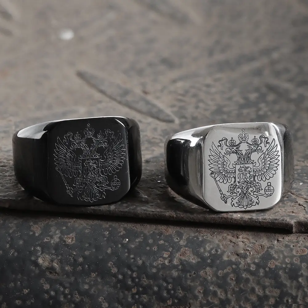 GTHIC Square Double-Headed Eagle Stainless Steel Coat of Arms Ring for Men Thumb Ring Daily Wear Fashion Accessory