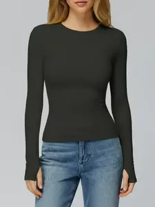 High Stretch Long Sleeve Top, Slim Fit Yoga Fitness Running Shirt, Versatile Elastic Fabric, Daily Wear Casual