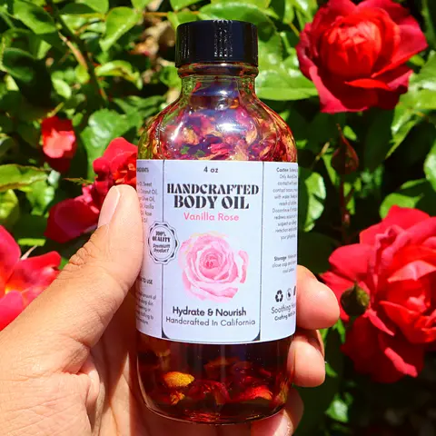 Handcrafted Luxury Vanilla Rose Scented Body Oil - 4oz Nourishing, Hydrating, Lightweight, Dye-Free Vanilla Scents After-Shower Oil for Adults’ Skin, Body Care with Dropper for Glow Head-to-Toe Hair Care