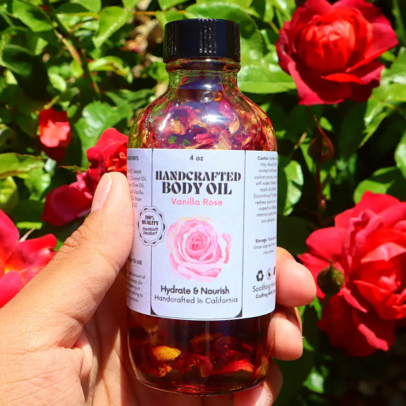 Handcrafted Luxury Vanilla Rose Scented Body Oil - 4oz Nourishing, Hydrating, Lightweight, Dye-Free Vanilla Scents After-Shower Oil for Adults’ Skin, Body Care with Dropper for Glow Head-to-Toe Hair Care