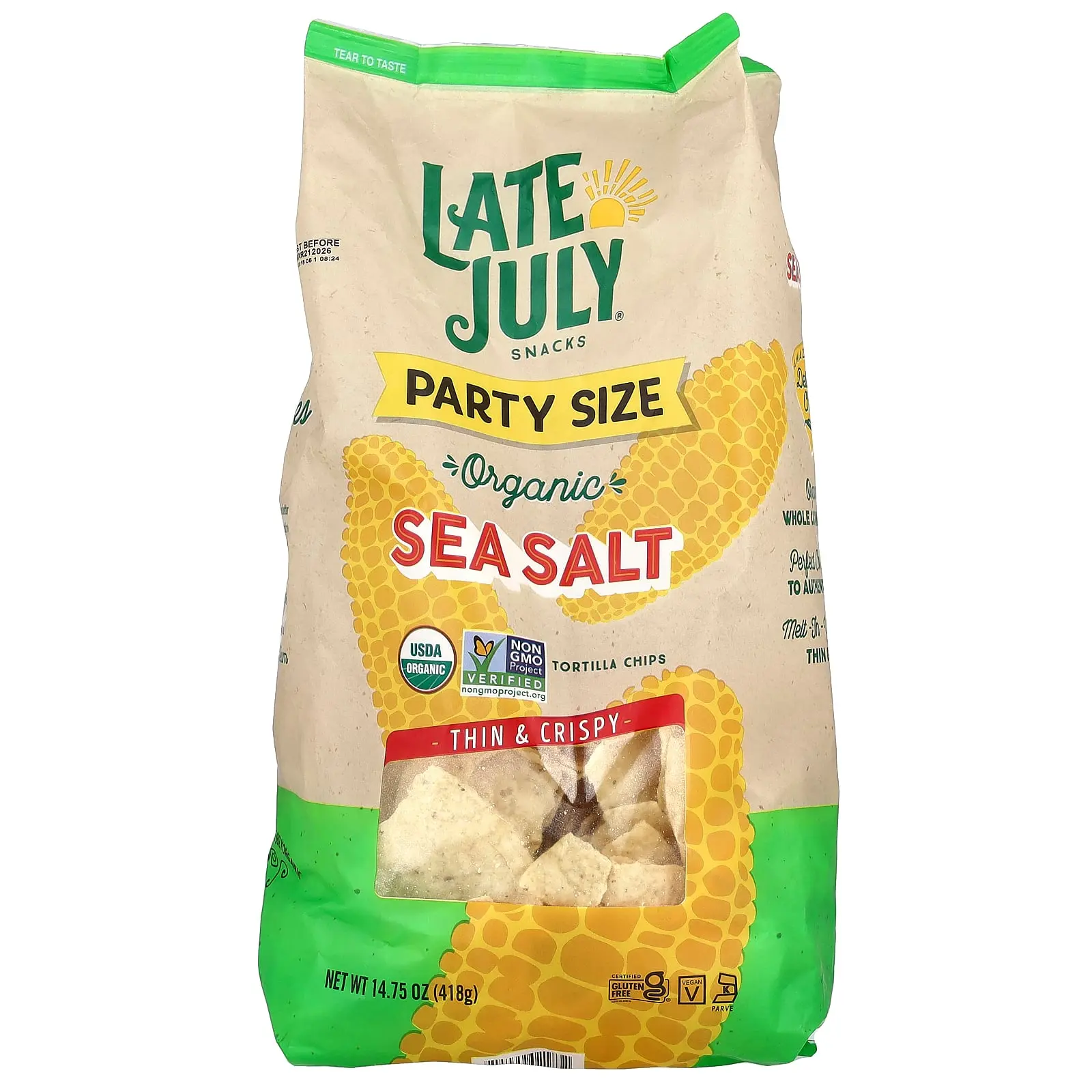 Late July Organic Tortilla Chips, Thin & Crispy, Sea Salt, 14.75 oz (418 g)